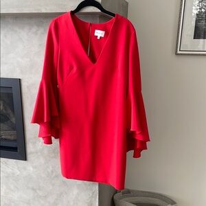 Milly Red V-Neck Dress with Flared Sleeves